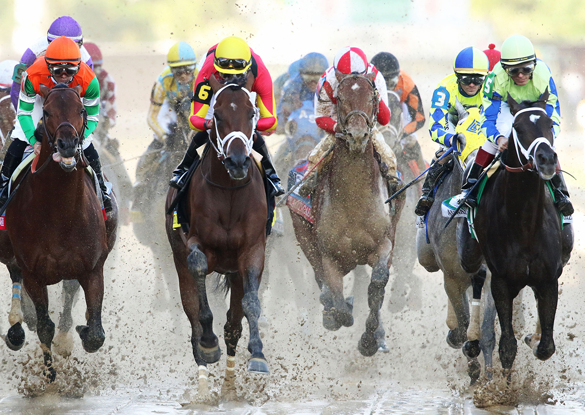 The field charges past the grandstand in the 2017 Kentucky Derby