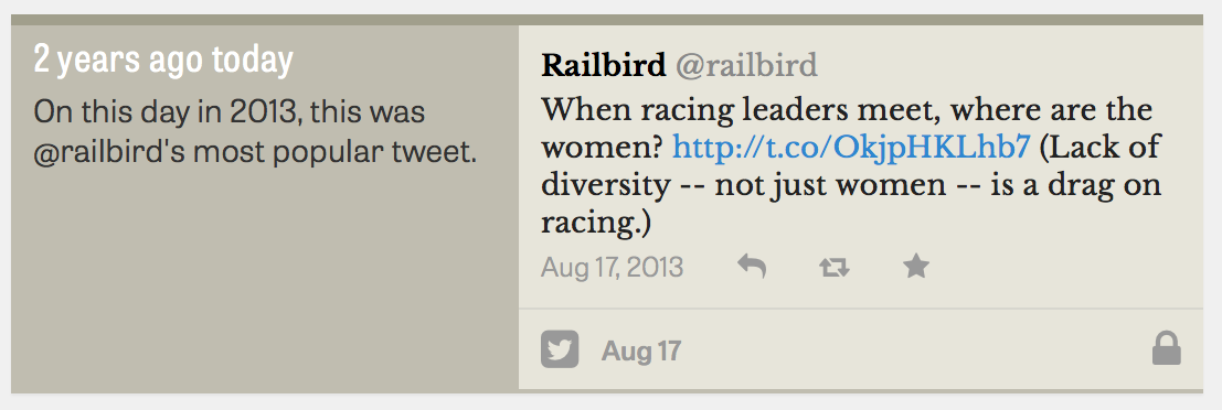 My most popular tweet on August 17, 2013, featuring a link to a Teresa Genaro column in the Saratogian about women in racing