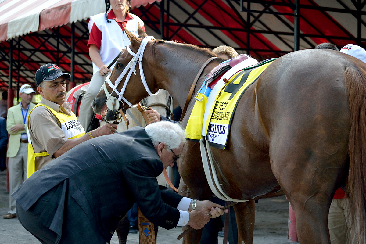 Trainer D. Wayne Lukas tightens the girth on Take Charge Brandi in the Saratoga paddock before the 2015 Test Stakes