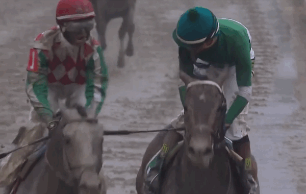 Corey Lanerie on runner-up Cherry Wine gives jockey Kent Desormeaux a pat on the back after Exaggerator wins the 2016 Preakness