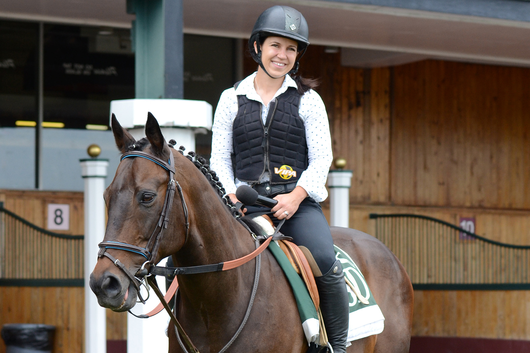 Jessica Paquette delivers her paddock analysis for the first race at Suffolk Downs on June 29, 2019 from atop New England champion Mr. Meso