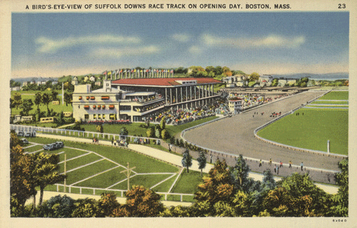 A bird's eye view of opening day at Suffolk Downs, 1935